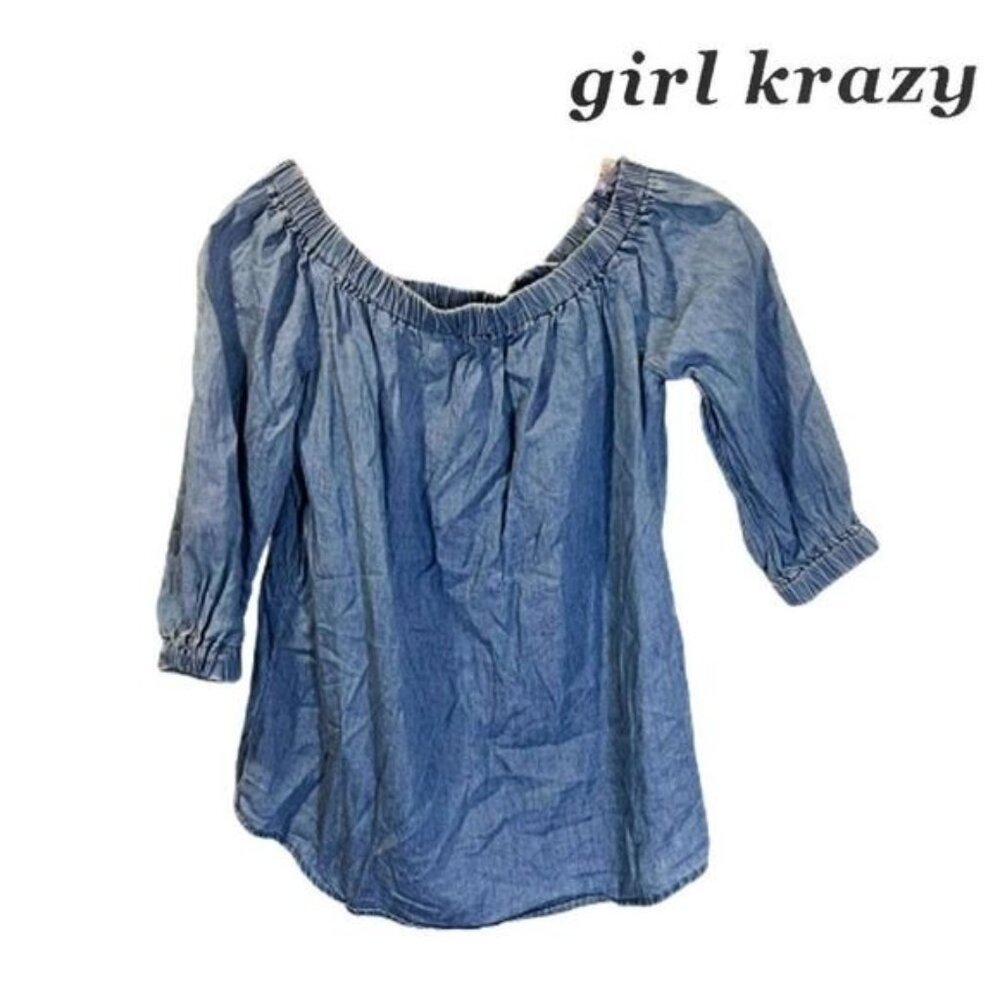 girl krazy Women's Off Shoulder 3/4 Sleeve Denim Top